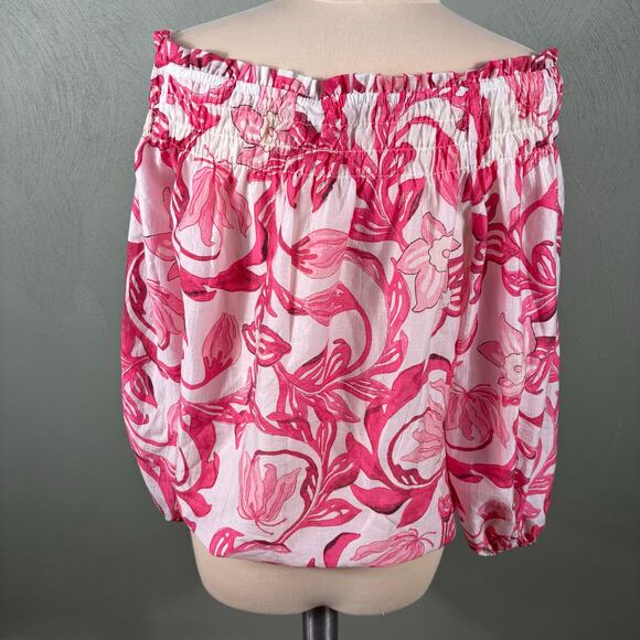 H&M Women's Size Medium Pink Floral Summer Tropical Off Shoulder Tube Blouse Top - Picture 2 of 10